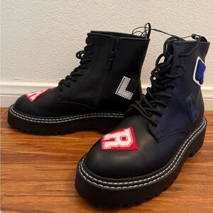 Karl Lagerfeld Paris Women Dixie Side Zip Lace-Up Combat Black Boots Size 11